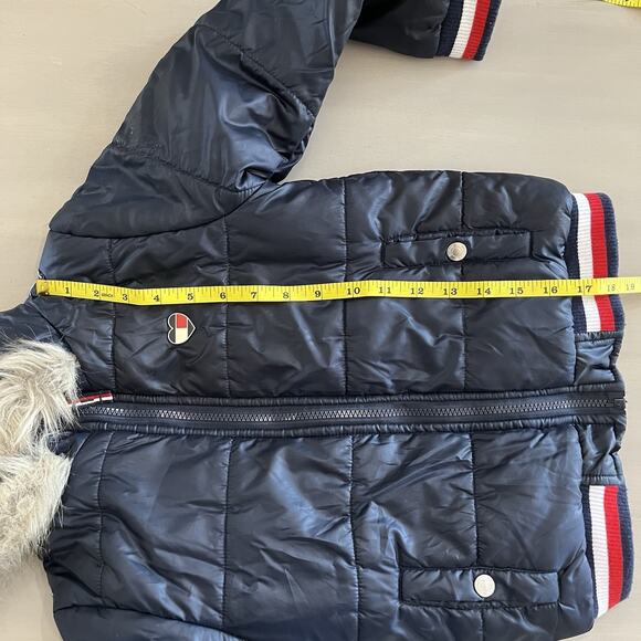 Tommy Hilfiger Unisex Kids Puffer Coat Jacket Hood Faux Fur Heart Logo 6X Blue - Picture 10 of 11